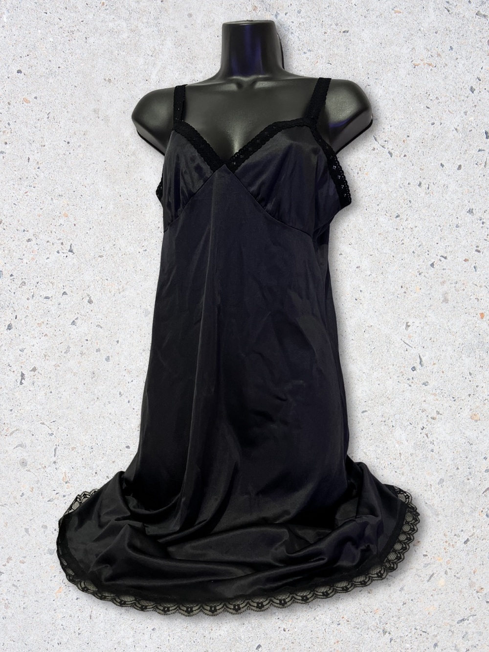 Black Nylon Lace-Trim Chemise Nightgown